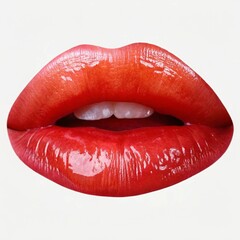 Obraz premium close-up of a pair of sensual, glossy red lips. The lips are prominently featured, taking up the majority of the frame, with the teeth visible in the center. The lighting and focus draw attention to t