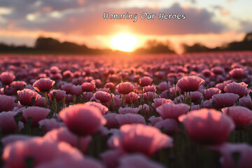 Obraz premium A field of poppies with small American flags placed at intervals, 