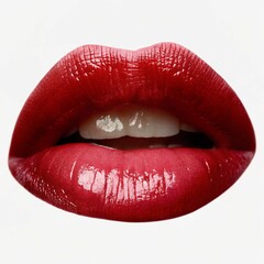 Fototapeta premium close-up of a pair of sensual, glossy red lips. The lips are prominently featured, taking up the majority of the frame, with the teeth visible in the center. The lighting and focus draw attention to t