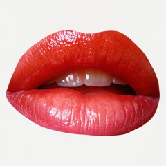 Obraz premium close-up of a pair of sensual, glossy red lips. The lips are prominently featured, taking up the majority of the frame, with the teeth visible in the center. The lighting and focus draw attention to t