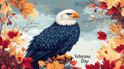 An eagle perched on a flagpole with "Veterans Day"