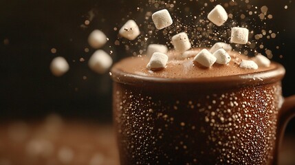   Close-up of a cup with marshmallows on top, snow falling off