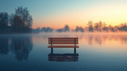 Obraz premium A bench sits amidst a lake with a foggy backdrop and trees up front