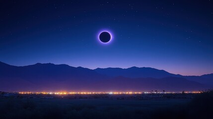 A total solar eclipse over a city skyline and distant mountains, illuminated by city lights.