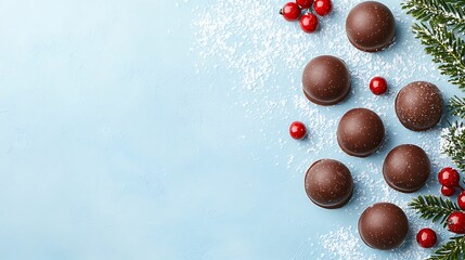 A festive arrangement of chocolate truffles surrounded by red berries and greenery on a pastel blue background, evoking a holiday spirit.