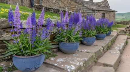 A row of blue flower pots with purple flowers in them