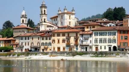 Fototapeta premium A city with a river running through it and a large church in the background