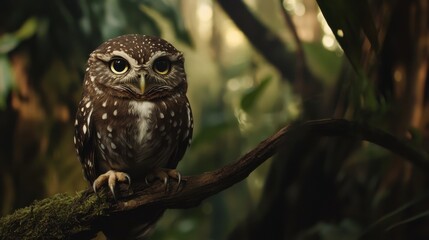 Obraz premium A beautiful owl with large, piercing eyes, sitting quietly on a branch,