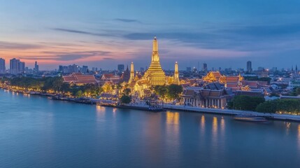 Obraz premium A beautiful panoramic shot of Bangkok at dusk, with the Grand Palace and Wat Arun