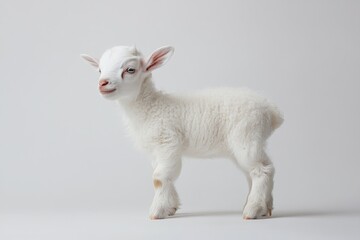 Fototapeta premium the beside view baby Domestic Goat standing, left side view, low angle, white copy space on right, Isolated on White Background