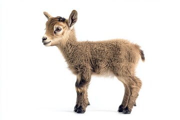 Fototapeta premium the beside view baby Wild Goat standing, left side view, low angle, white copy space on right, Isolated on White Background