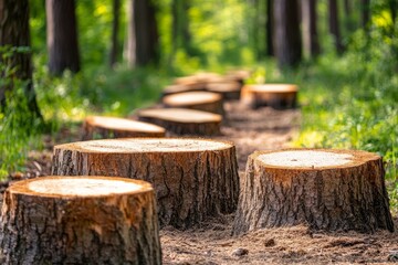 Fototapeta premium Tree stumps in a forest, symbolizing deforestation, logging, and environmental impact.