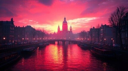Fototapeta premium Dramatic Sunset over Dutch Canal City with Church and Boats