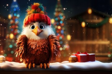 eagle as santa claus on a christmas tree in cute 3d style