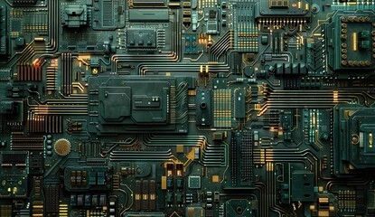 Fototapeta premium Detailed green circuit board with gold components.