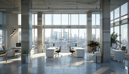 Fototapeta premium Modern office with city view and minimalist design.