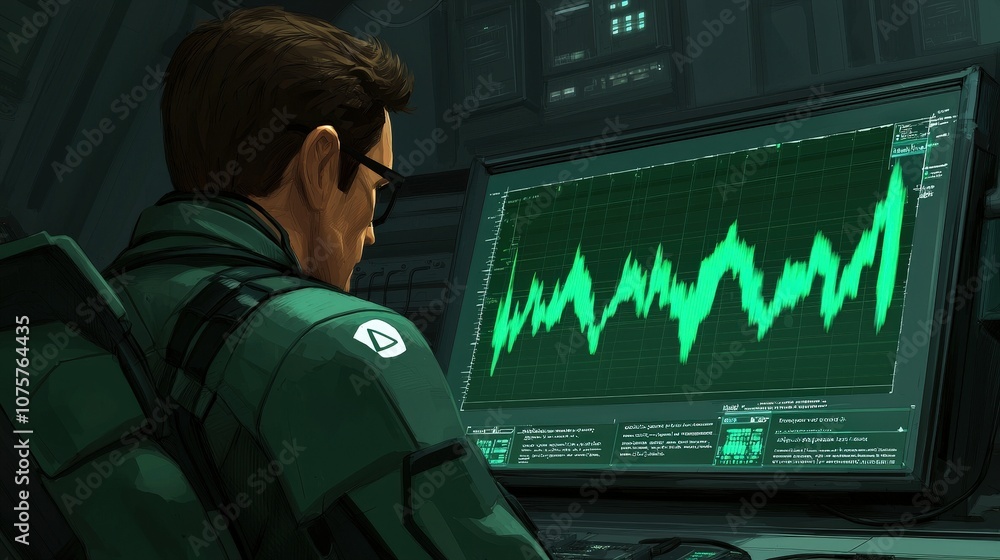 Poster futuristic data analyst examining green holographic sound wave display on computer monitor