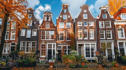 Obraz premium A row of brown houses with white trim and windows