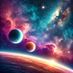 Obraz premium Vibrant Galaxy with Planets and Star Cluster