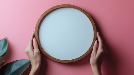 A mockup of hands holding up an empty wooden frame isolated on a pastel pink background