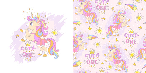 Cute unicorn illustration in dress and seamless pattern vector