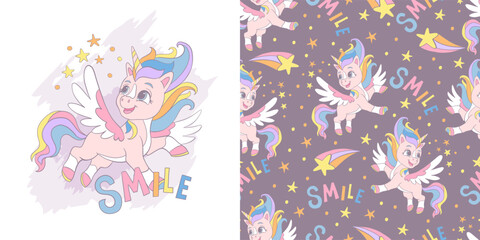 Cute unicorn illustration and seamless pattern vector set