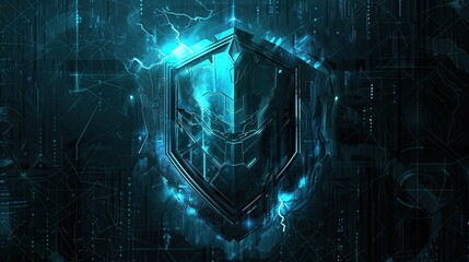 Glowing blue shield on a digital background.