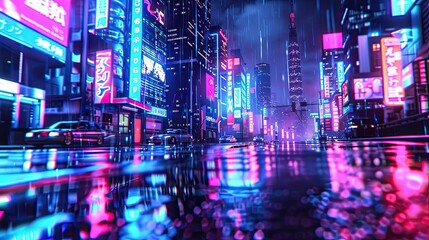 Neon signs light up a rainy city street.