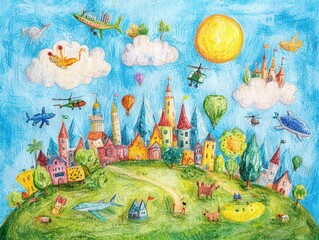 A whimsical, colorful landscape featuring a vibrant village with castles, creatures, and flying objects under a bright blue sky filled with clouds and a shining sun.