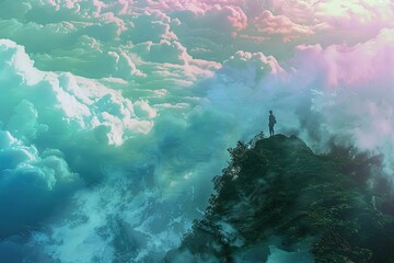 Silhouette standing on peak overlooking cloudy sky.