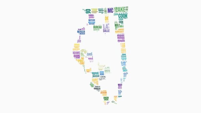 Illinois counties word cloud animation. State logo animated video. Illinois colored text cloud. Counties typography style motion graphics. Beautiful video.