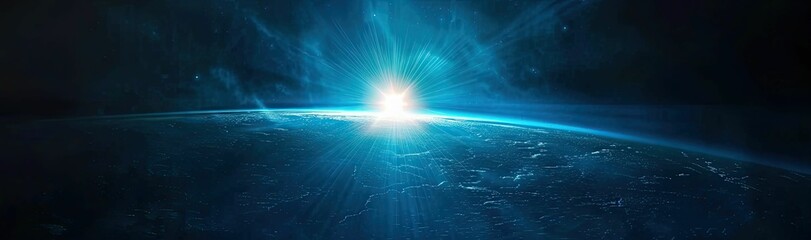Obraz premium A bright light shines over a dark planet.