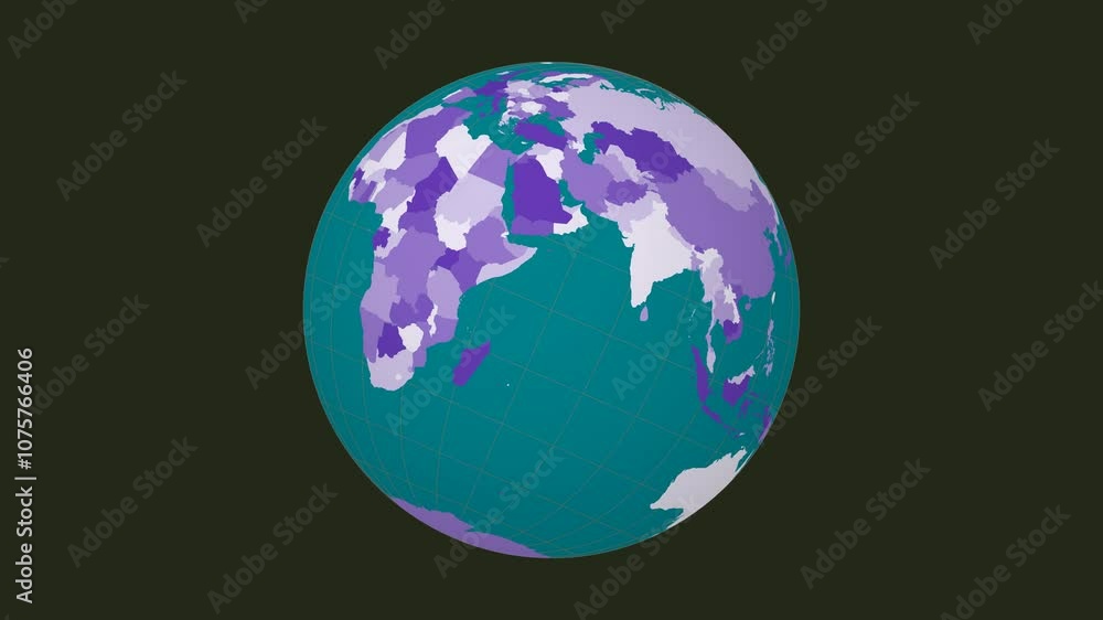 Poster rotating earth. tilted sphere view. moderate speed globe rotation. colored countries style. world ma