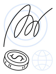 Abstract representation of financial transactions featuring a signature, coin with dollar sign, and globe icon. Ideal for fintech, global trade, digital transactions, online banking, financial