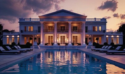 Obraz premium Luxury mansion with a swimming pool at dusk.