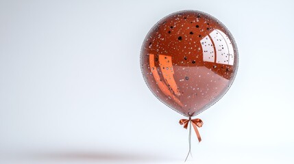 Obraz premium A single, brown balloon with confetti inside, tied with a brown ribbon, floating on a white background.