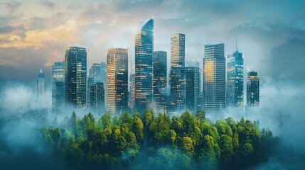 Naklejka premium A dense city skyline emerges from mist, showcasing modern skyscrapers amidst lush greenery, blending urban life with nature's beauty.