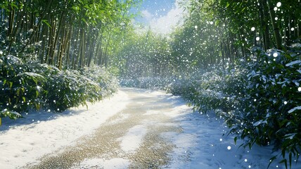 雪が積もった竹林の小径