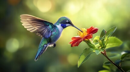 Fototapeta premium A colorful hummingbird, frozen in mid-flight, sipping nectar from a bright red flower,