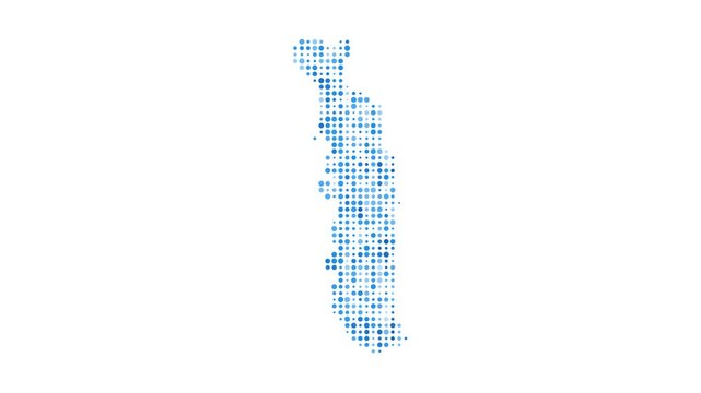 Togo dotted digital map. Map of Togo with pulsating colored circles. Shape of the country filled with blue disks. Authentic video.