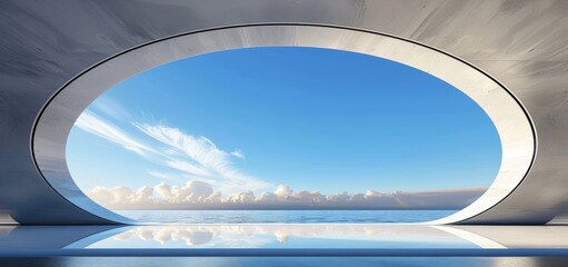 Surreal Minimalist White Modern Architecture with Blue Sky and Water