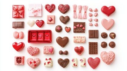 Flat lay of Valentine Day gifts, chocolates, and love-themed decorations, isolated on white