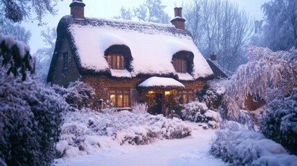 Fototapeta premium A cozy English thatched-roof cottage nestled in a snowy landscape, with the garden