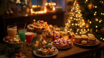 Naklejka premium A cozy office party scene where employees celebrate the holidays around an elegantly