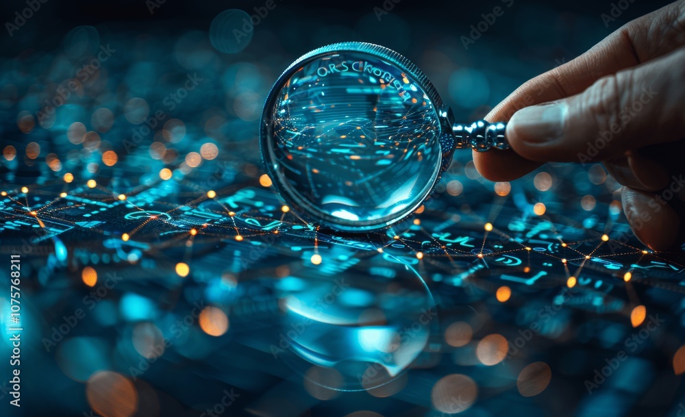 Poster hand holding magnifying glass focusing on human resources and customer target concept in business cr
