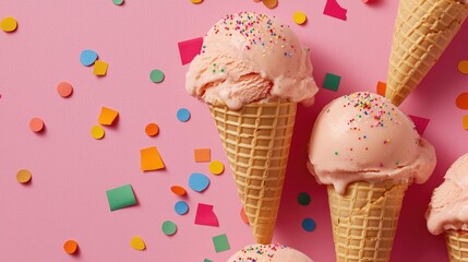 A vibrant arrangement of pink ice cream cones topped with colorful sprinkles, scattered on a playful pink background, evoking a fun and sweet atmosphere.
