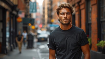 Fototapeta premium Attractive Male Model in Black T-Shirt Walking in New York City Street Mockup