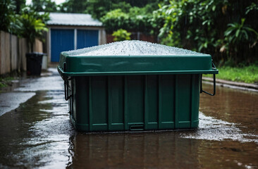 Naklejka premium Overturned green trash bin on a wet street after rain
