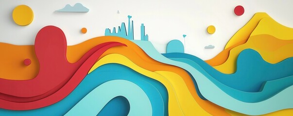 A vibrant, abstract design featuring wavy layers in bright colors, with playful shapes and a cheerful aesthetic.