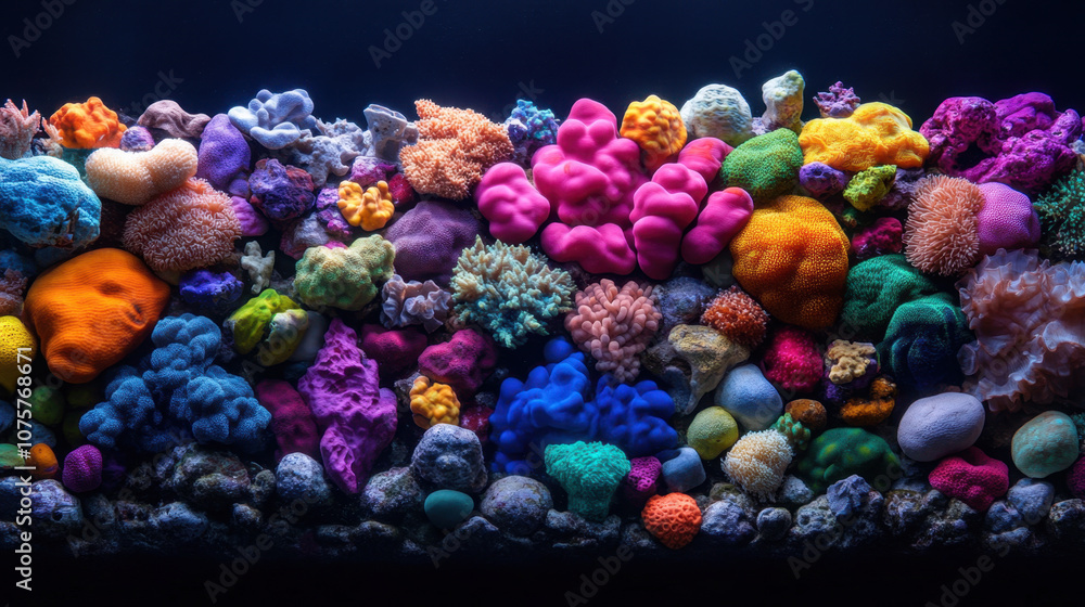 Poster a vibrant array of colorful corals displayed in an aquarium, showcasing a diversity of shapes and hu
